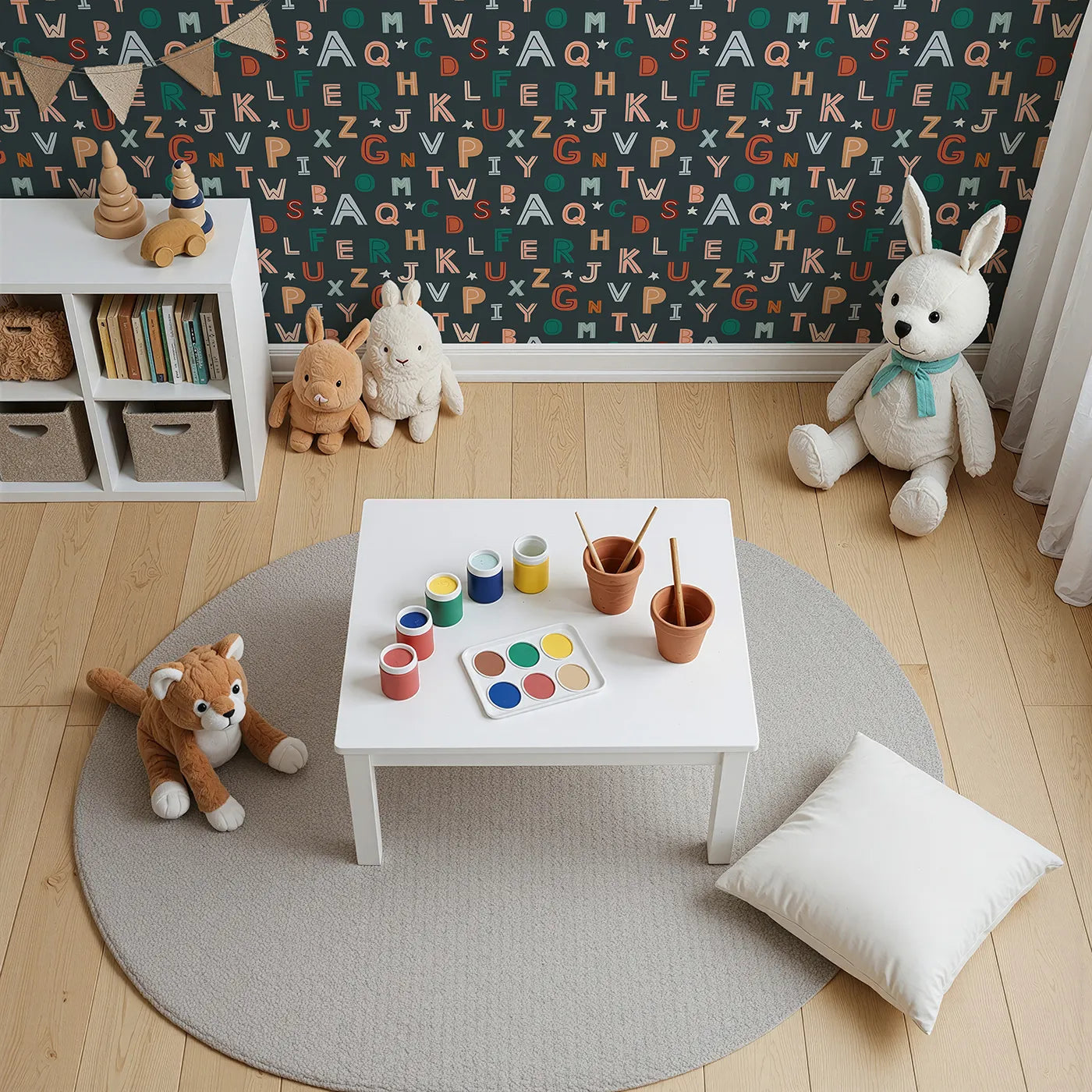 Top-Down view of Whimsy Tots' Boho Starry Alphabet Wallpaper (W2137).Where a universe of letters is waiting to be explored.