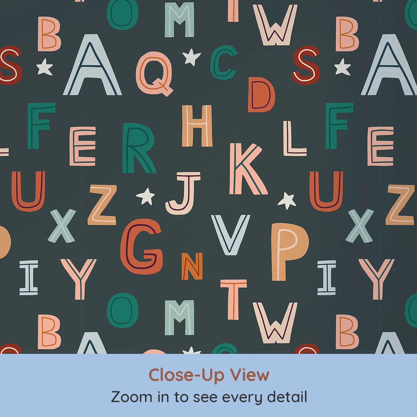 Close-up view of Whimsy Tots' Boho Starry Alphabet Wallpaper (W2137).Where a universe of letters is waiting to be explored.
