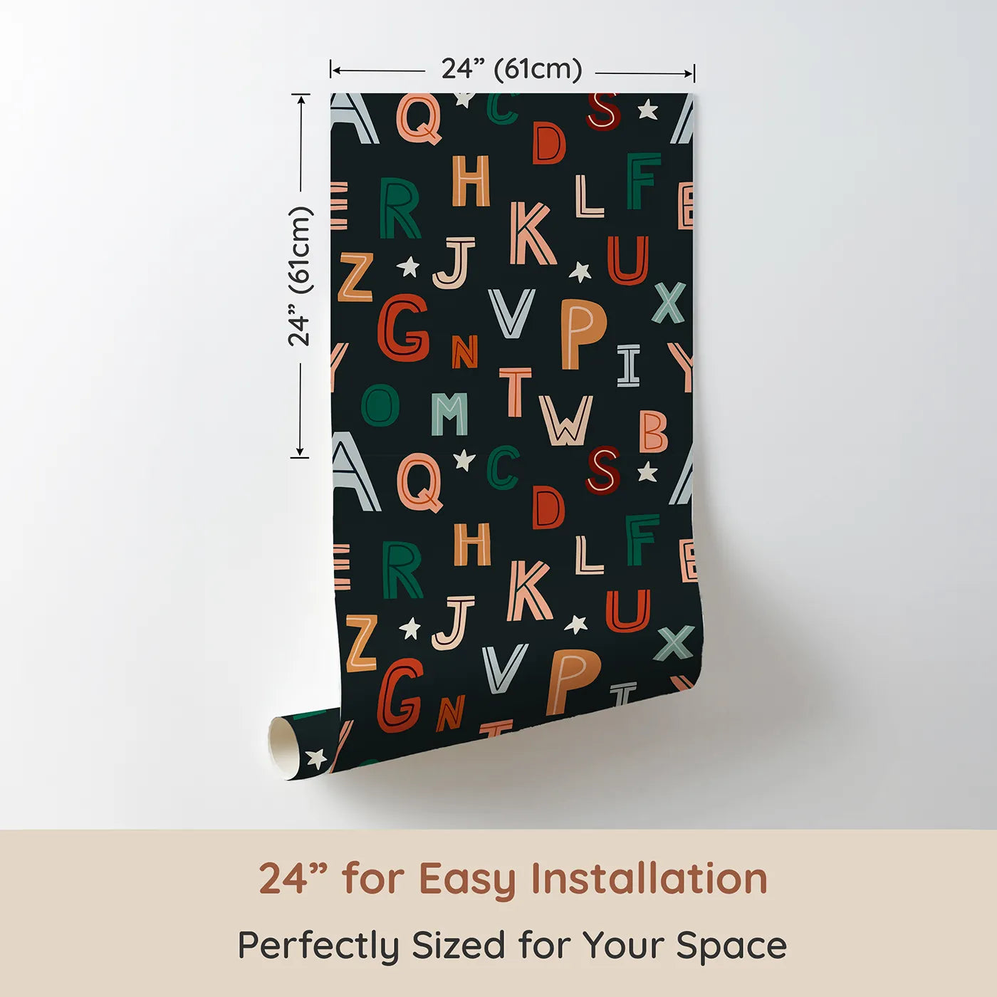 Dimension view of Whimsy Tots Boho Starry Alphabet Wallpaper (W2137). Printed in 24-inch-wide panel for easy installation. Where a universe of letters is waiting to be explored.