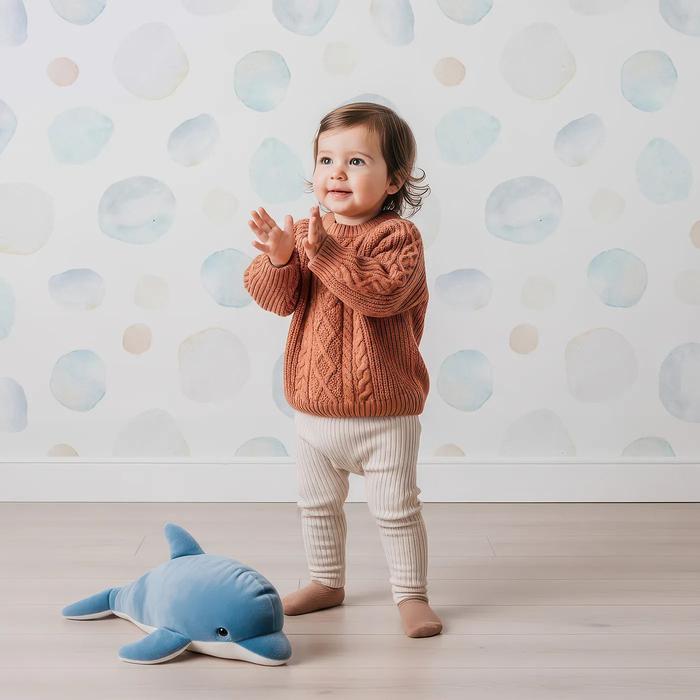 Lovely child standing in front of Whimsy Tots Pastel Watercolor Bubbles Wallpaper with watercolor, pastel, dot, bubble, abstract in design.