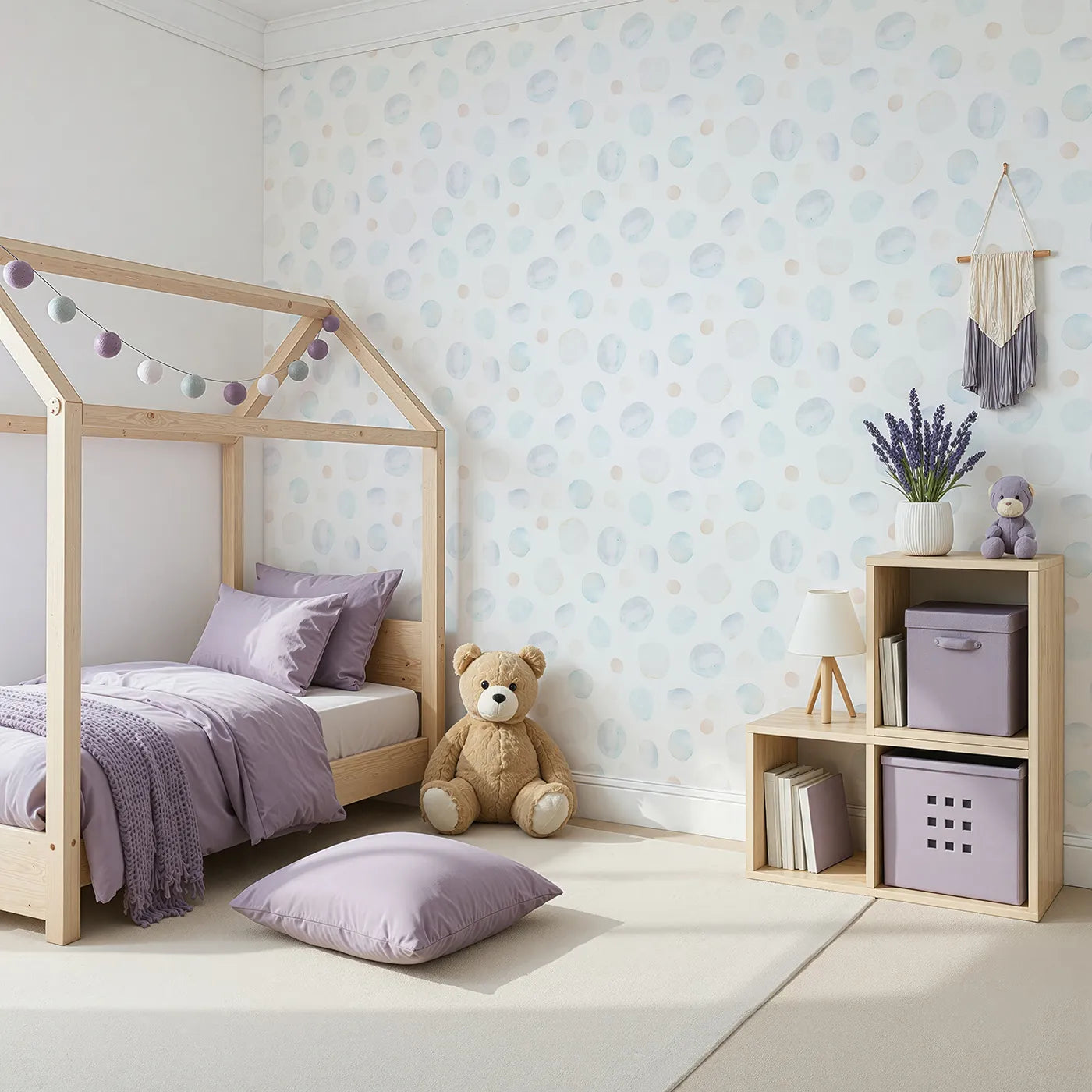 Angled view of Whimsy Tots' Pastel Watercolor Bubbles Wallpaper (W2138).Where soft, airy bubbles drift in a peaceful space.