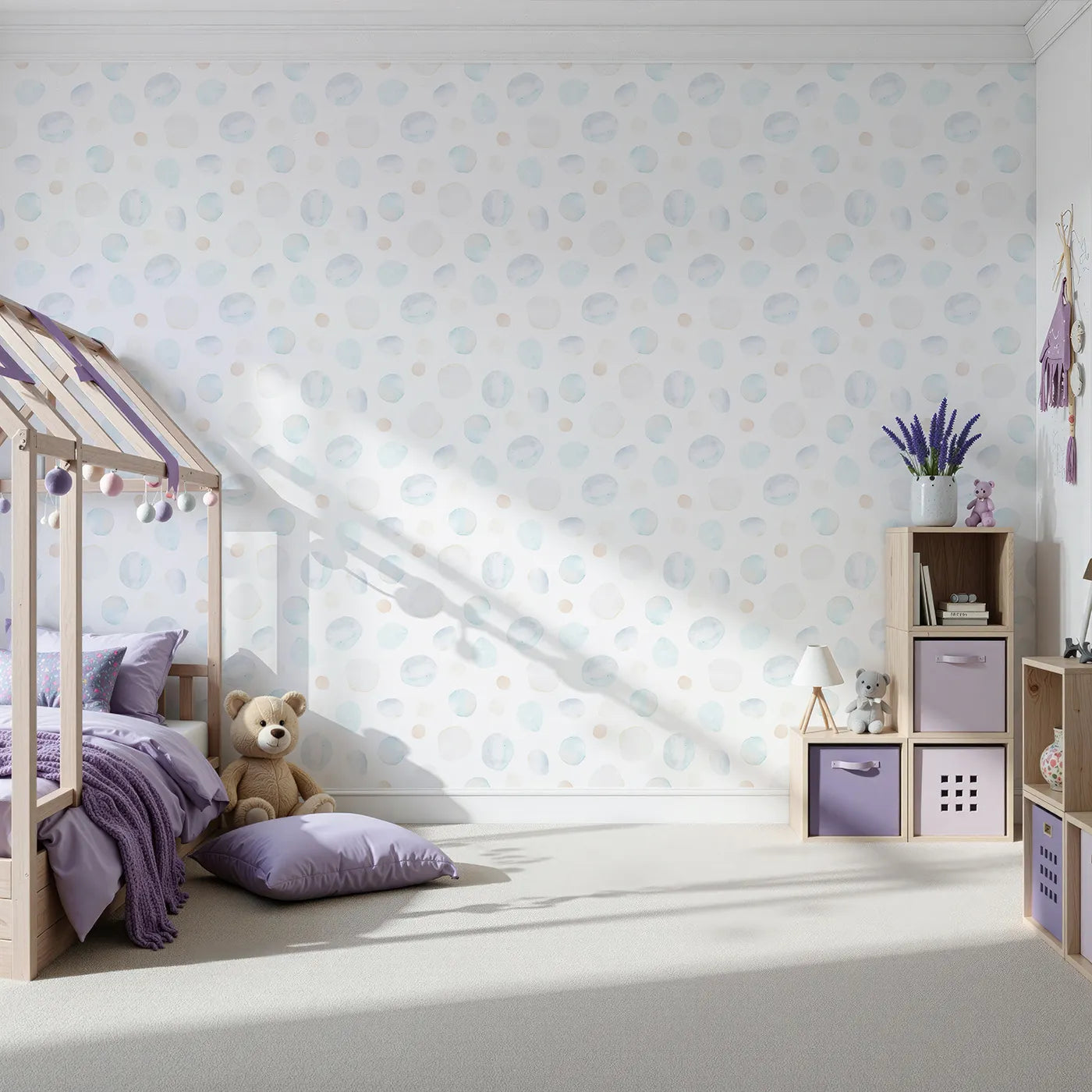 Front view of Whimsy Tots' Pastel Watercolor Bubbles Wallpaper