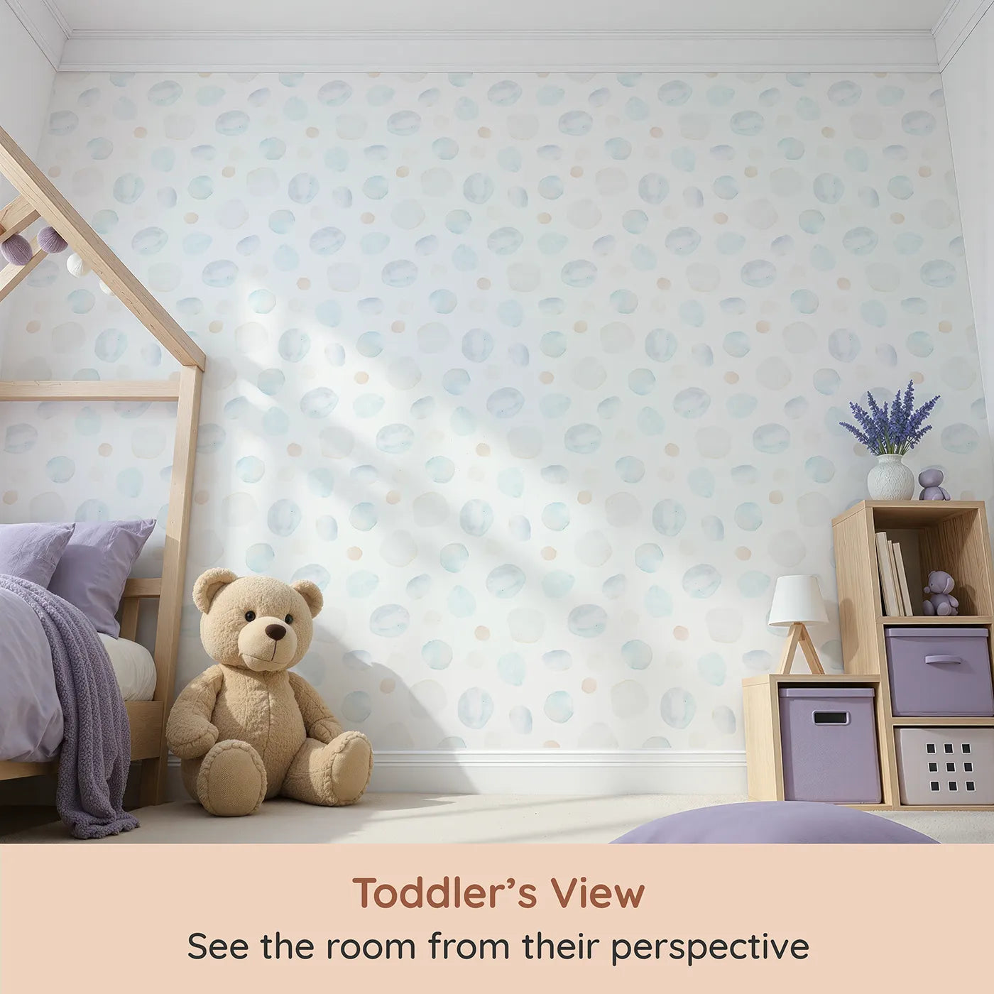 Whimsy Tots Pastel Watercolor Bubbles Wallpaper (W2138) from your child's view.Where soft, airy bubbles drift in a peaceful space.