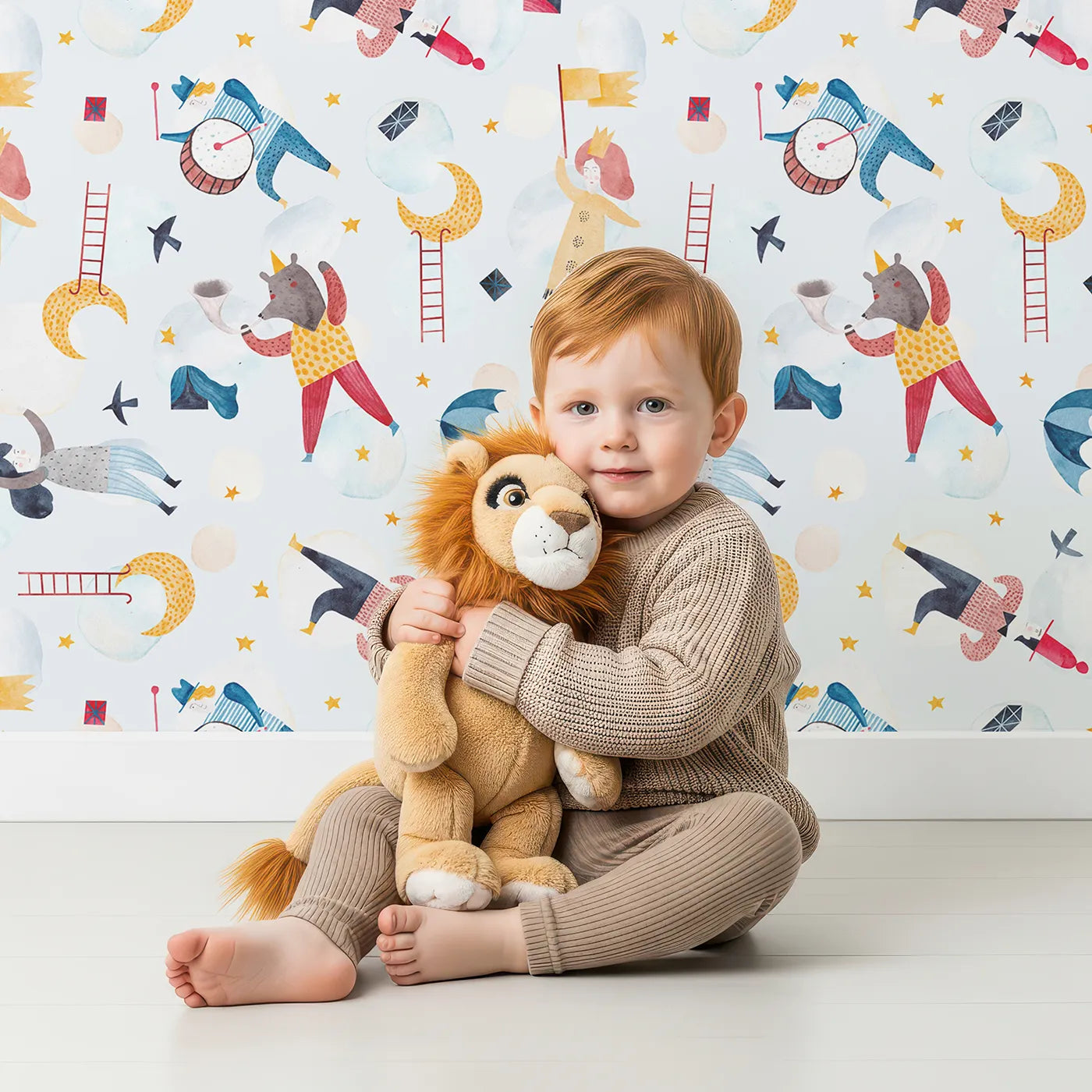 Lovely child standing in front of Whimsy Tots Dreamy Circus in the Clouds Wallpaper with circus, sky, cloud, watercolor, magic in design.