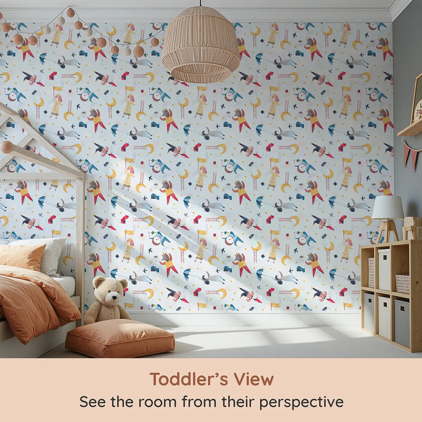 Whimsy Tots Dreamy Circus in the Clouds Wallpaper (W2139) from your child's view.Where whimsical acrobats and musicians perform in a cloudy sky.