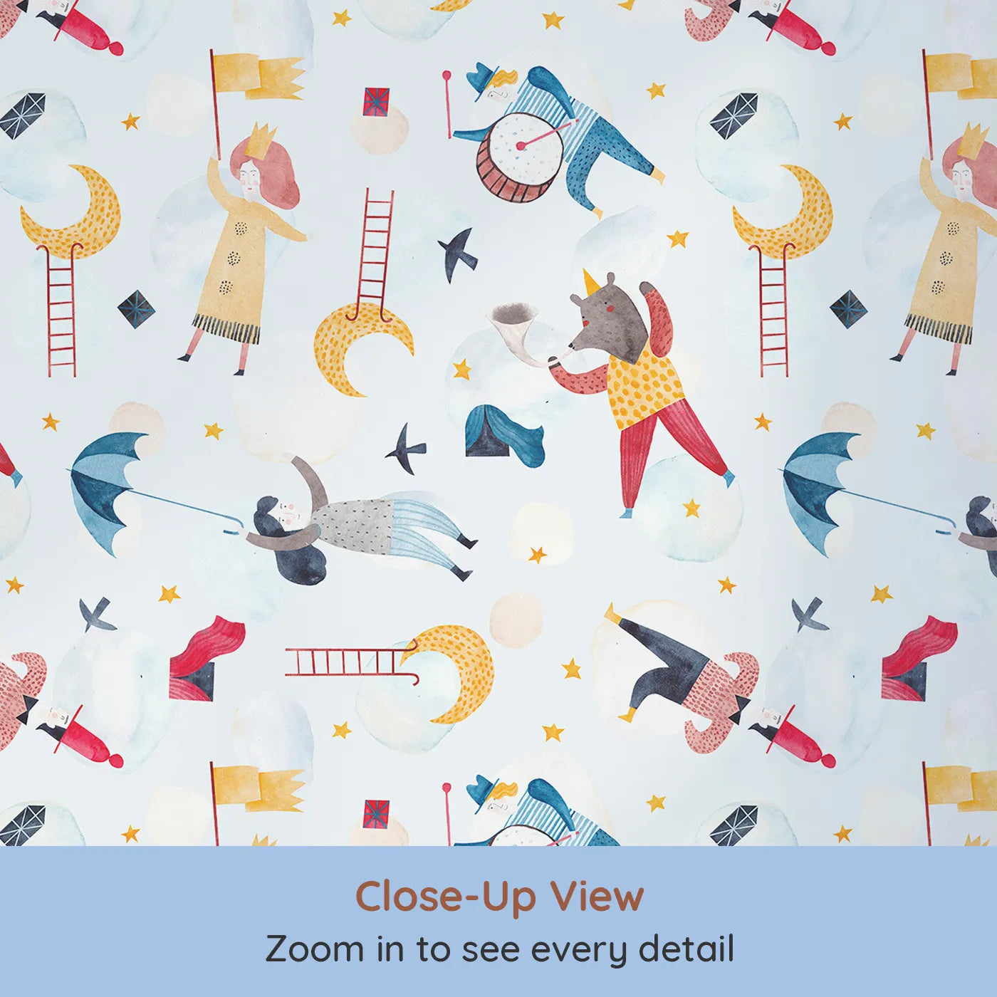 Close-up view of Whimsy Tots' Dreamy Circus in the Clouds Wallpaper (W2139).Where whimsical acrobats and musicians perform in a cloudy sky.