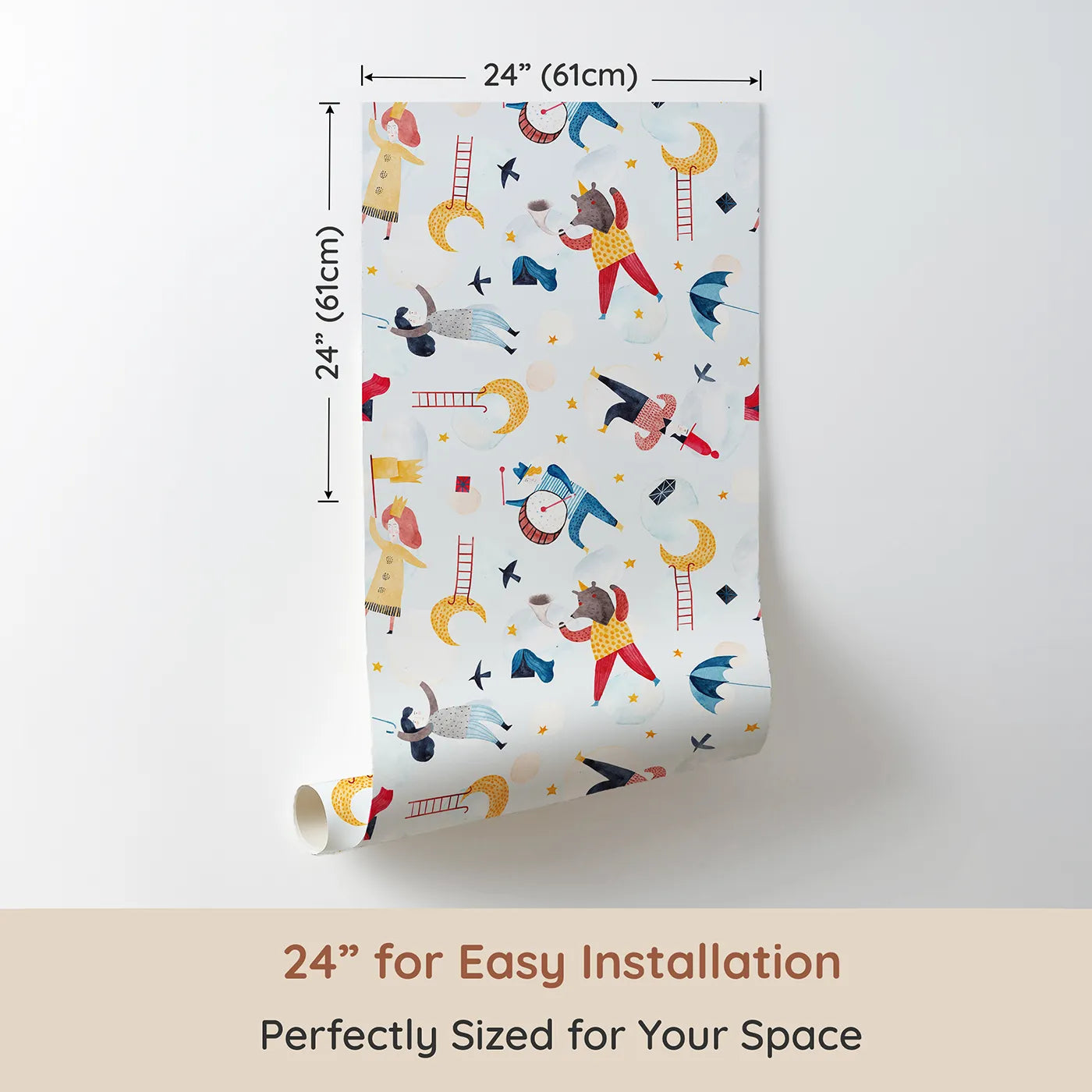 Dimension view of Whimsy Tots Dreamy Circus in the Clouds Wallpaper (W2139). Printed in 24-inch-wide panel for easy installation. Where whimsical acrobats and musicians perform in a cloudy sky.