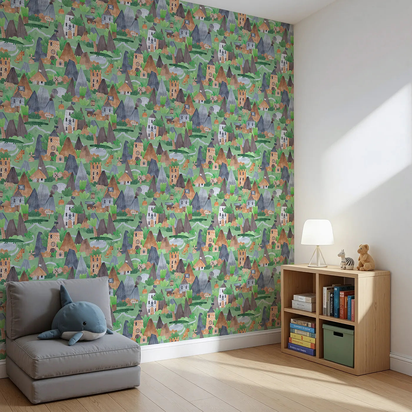 Angled view of Whimsy Tots' Watercolor Pirate Island Wallpaper (W2140).Where volcanoes smoke and pirate forts hide untold riches.