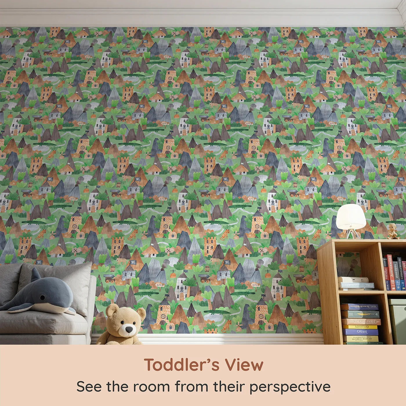 Whimsy Tots Watercolor Pirate Island Wallpaper (W2140) from your child's view.Where volcanoes smoke and pirate forts hide untold riches.