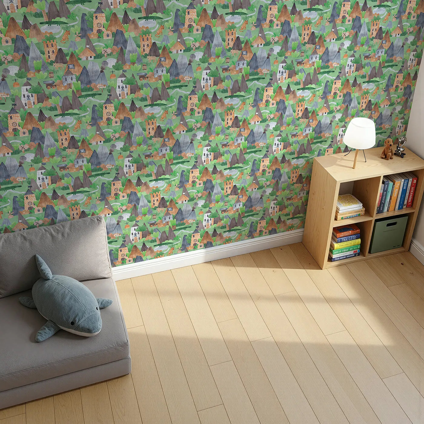 Top-Down view of Whimsy Tots' Watercolor Pirate Island Wallpaper (W2140).Where volcanoes smoke and pirate forts hide untold riches.