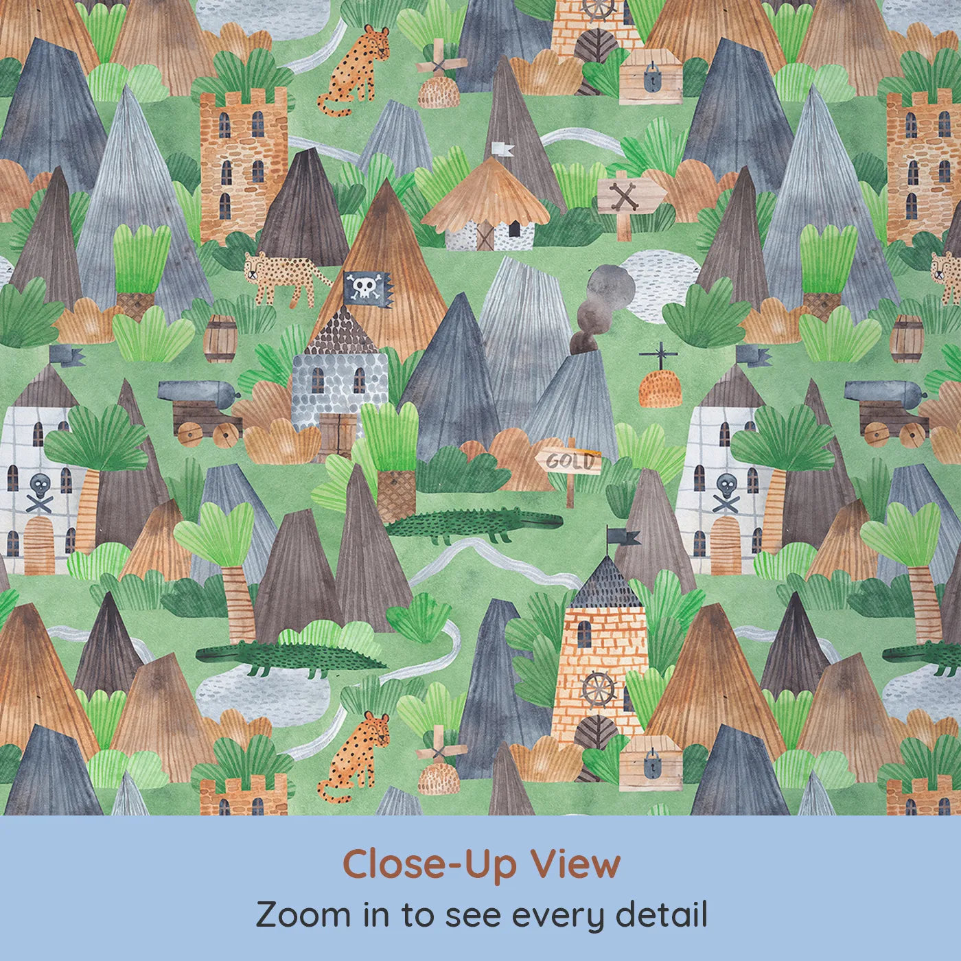Close-up view of Whimsy Tots' Watercolor Pirate Island Wallpaper (W2140).Where volcanoes smoke and pirate forts hide untold riches.