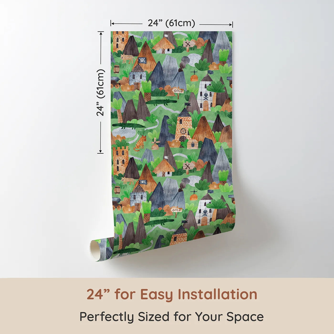 Dimension view of Whimsy Tots Watercolor Pirate Island Wallpaper (W2140). Printed in 24-inch-wide panel for easy installation. Where volcanoes smoke and pirate forts hide untold riches.