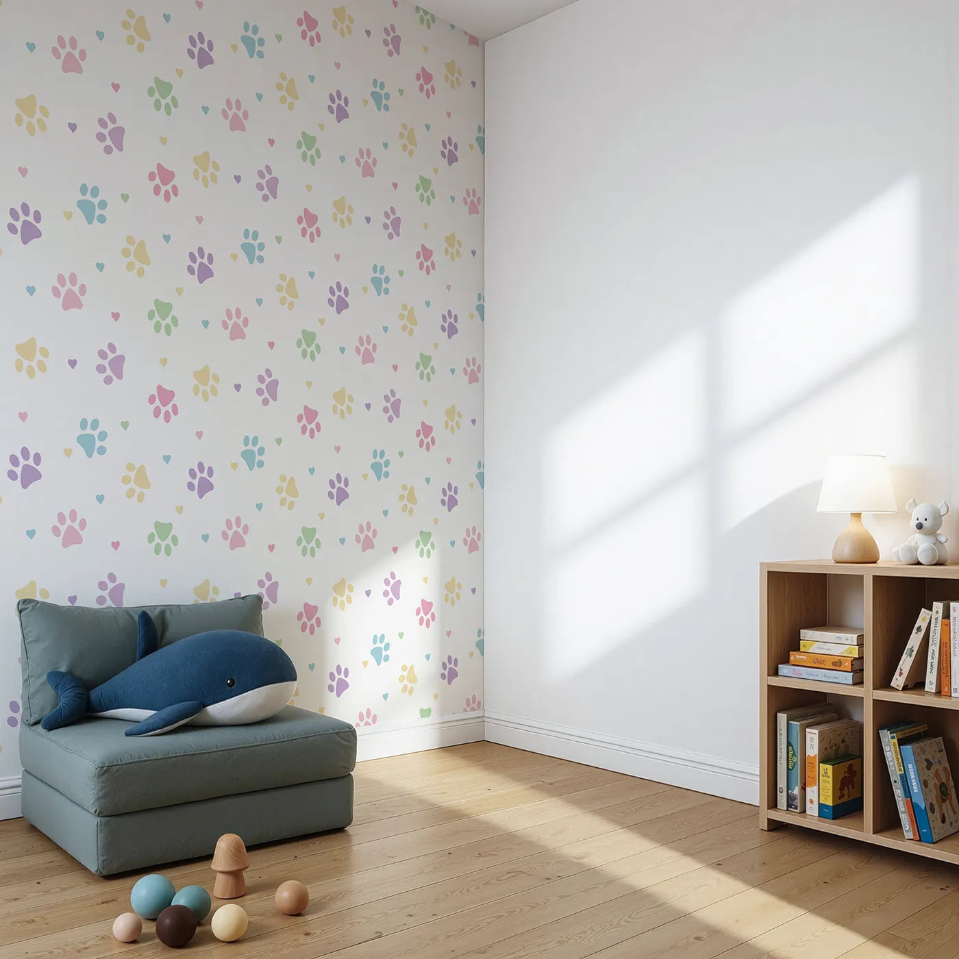 Angled view of Whimsy Tots' Pastel Paw Prints and Hearts Wallpaper (W2141).Where soft paw prints and gentle hearts show how much they're loved.