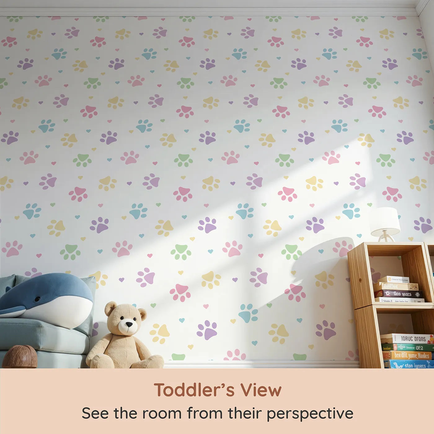 Whimsy Tots Pastel Paw Prints and Hearts Wallpaper (W2141) from your child's view.Where soft paw prints and gentle hearts show how much they're loved.