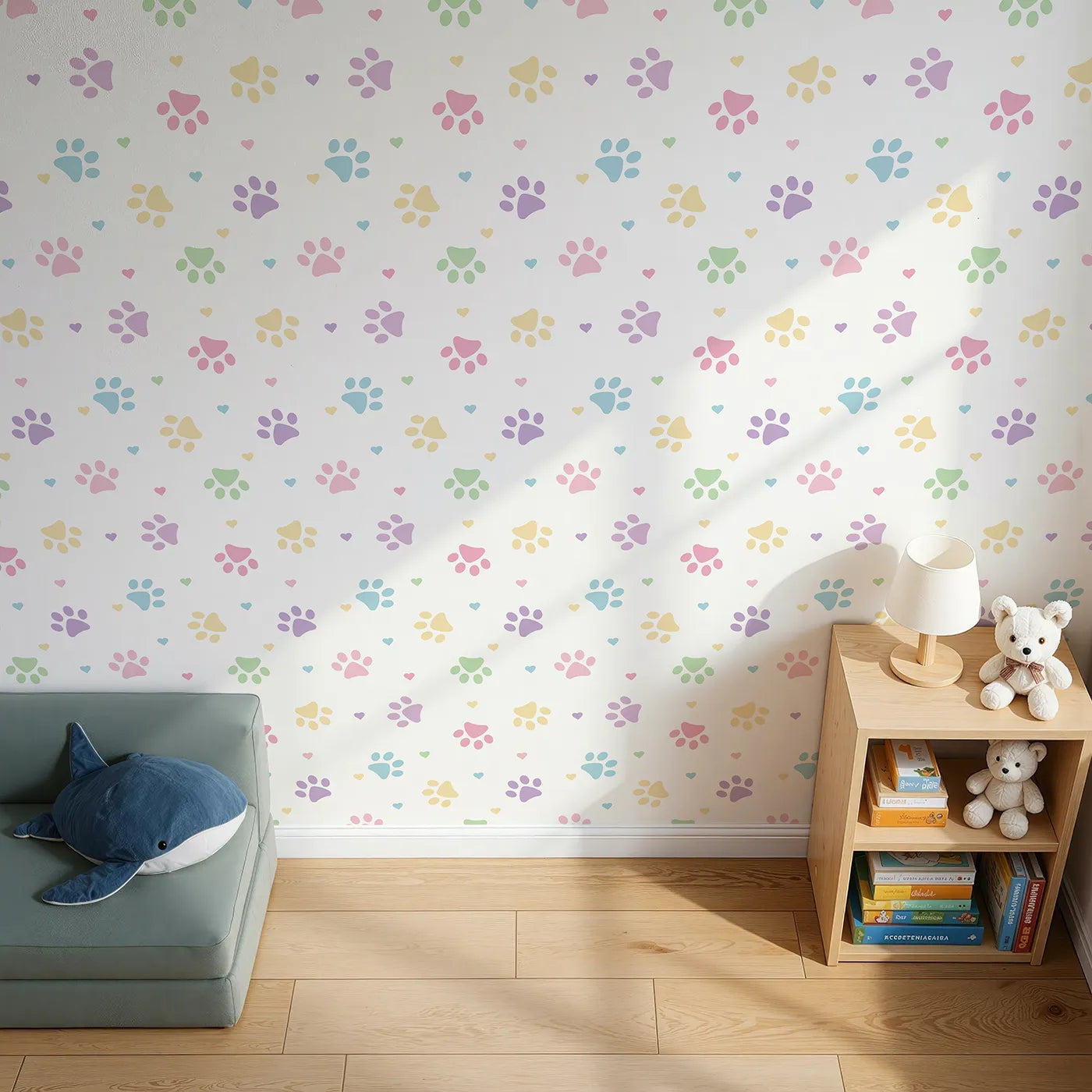 Top-Down view of Whimsy Tots' Pastel Paw Prints and Hearts Wallpaper (W2141).Where soft paw prints and gentle hearts show how much they're loved.