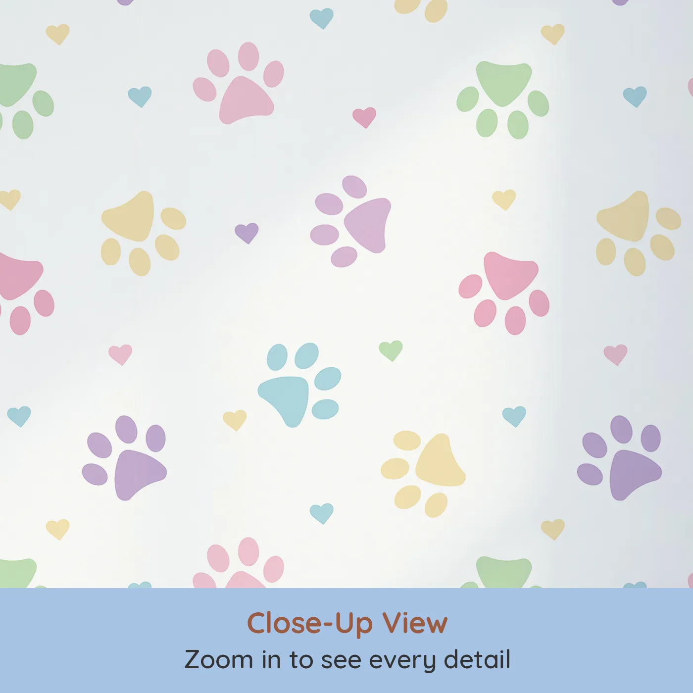 Close-up view of Whimsy Tots' Pastel Paw Prints and Hearts Wallpaper (W2141).Where soft paw prints and gentle hearts show how much they're loved.