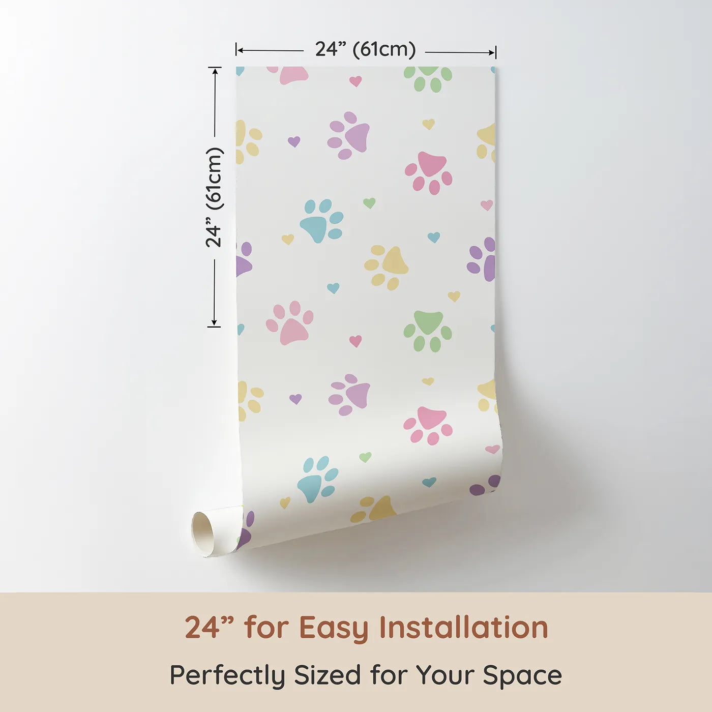 Dimension view of Whimsy Tots Pastel Paw Prints and Hearts Wallpaper (W2141). Printed in 24-inch-wide panel for easy installation. Where soft paw prints and gentle hearts show how much they're loved.