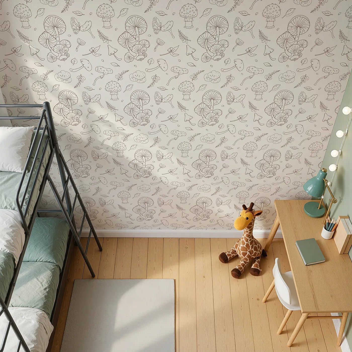 Top-Down view of Whimsy Tots' Mushroom and Butterfly Doodle Wallpaper (W2142).Where magical mushrooms and delicate butterflies are waiting to be discovered.