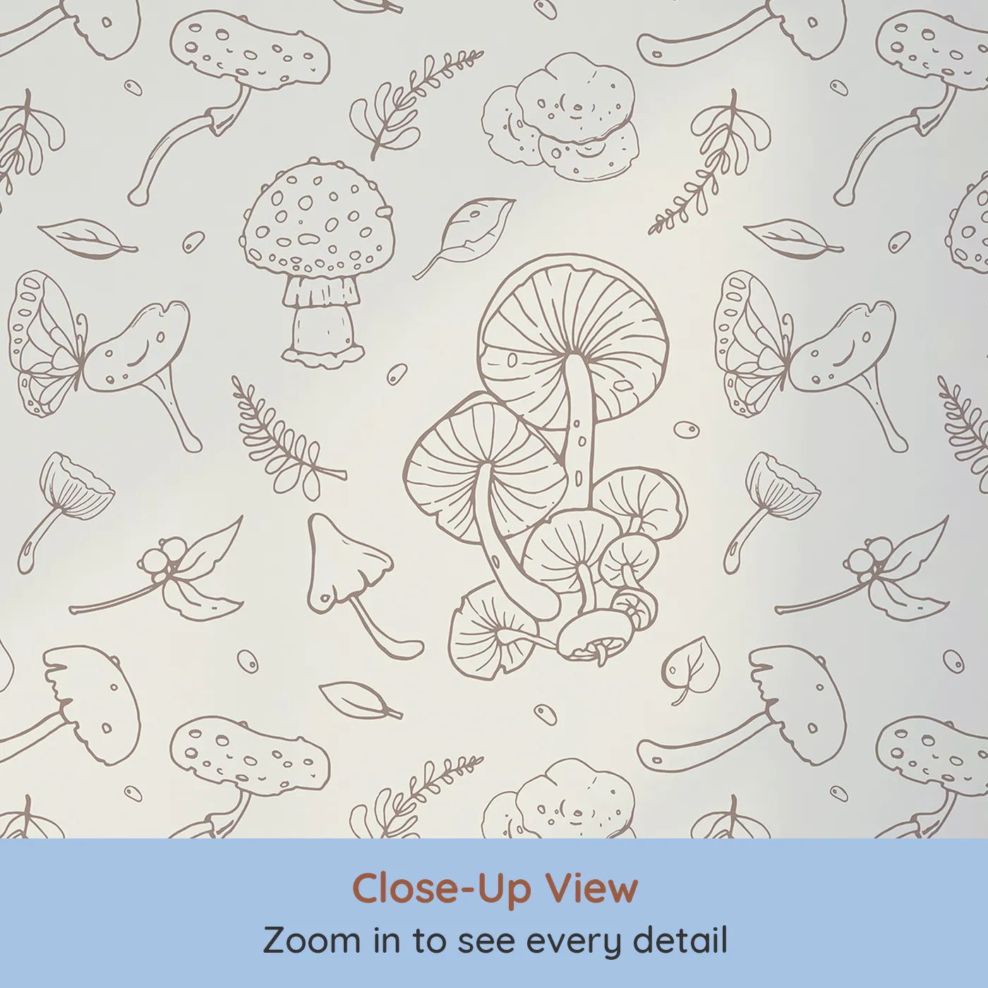 Close-up view of Whimsy Tots' Mushroom and Butterfly Doodle Wallpaper (W2142).Where magical mushrooms and delicate butterflies are waiting to be discovered.