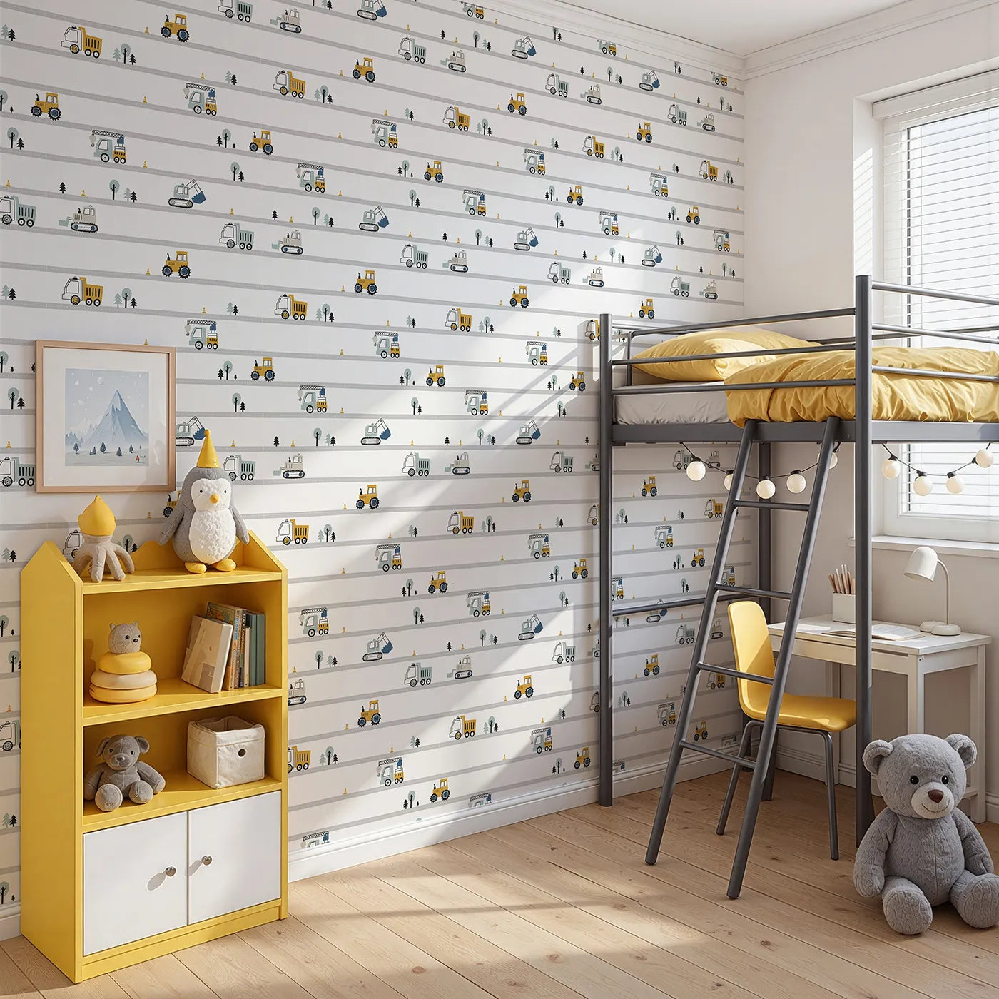 Angled view of Whimsy Tots' Busy Builders Roadway Wallpaper (W2144).Where a whole team of trucks is always on the move.