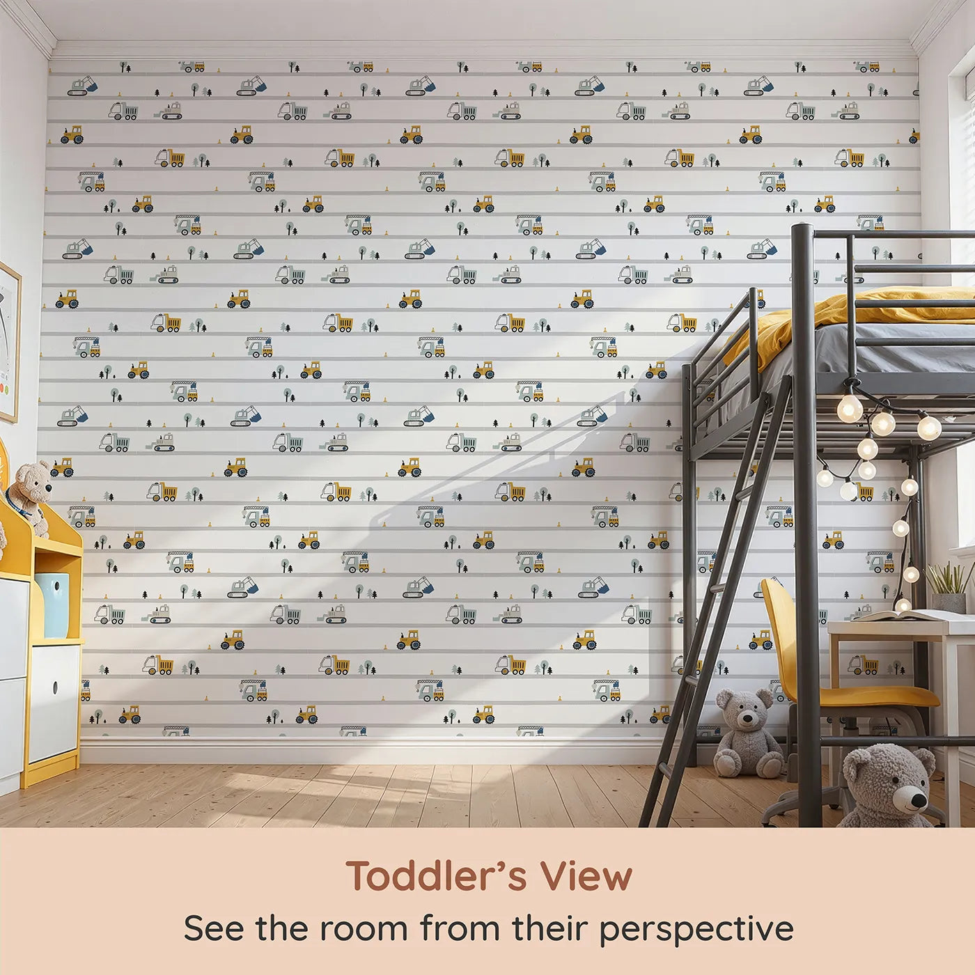 Whimsy Tots Busy Builders Roadway Wallpaper (W2144) from your child's view.Where a whole team of trucks is always on the move.