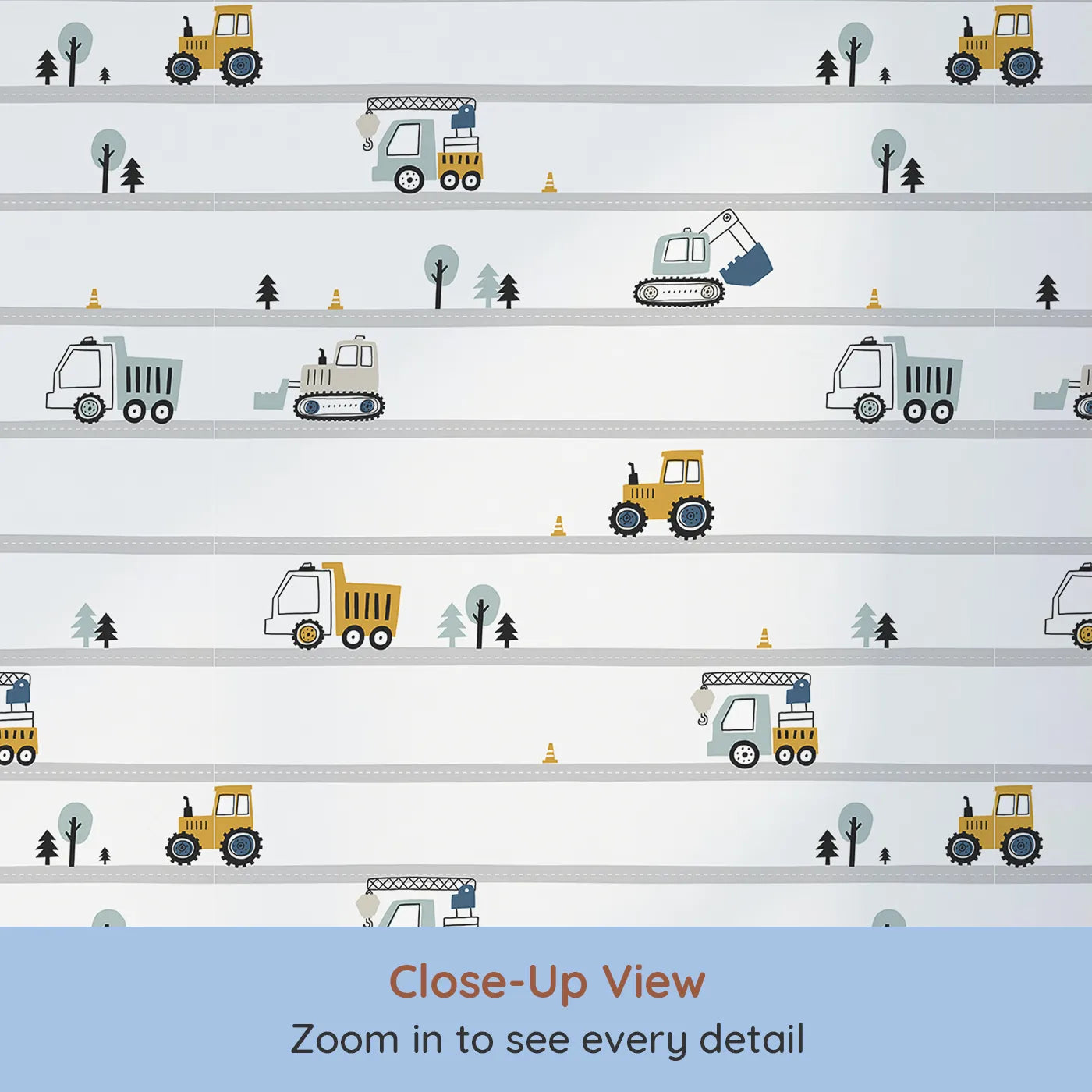 Close-up view of Whimsy Tots' Busy Builders Roadway Wallpaper (W2144).Where a whole team of trucks is always on the move.