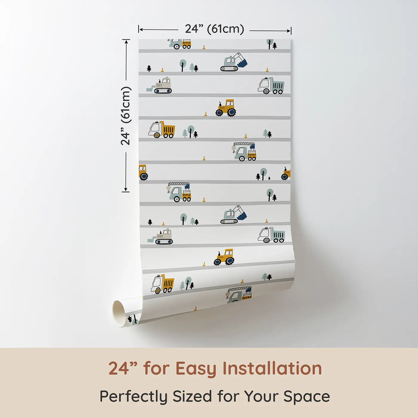 Dimension view of Whimsy Tots Busy Builders Roadway Wallpaper (W2144). Printed in 24-inch-wide panel for easy installation. Where a whole team of trucks is always on the move.