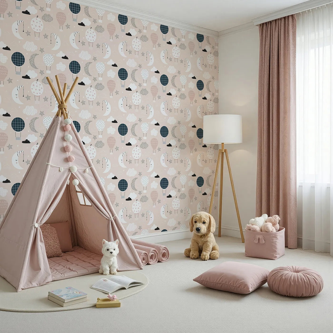 Angled view of Whimsy Tots' Boho Night Sky Wallpaper in Pink (W2145).Where sleepy moons and gentle balloons float in a pink sky.