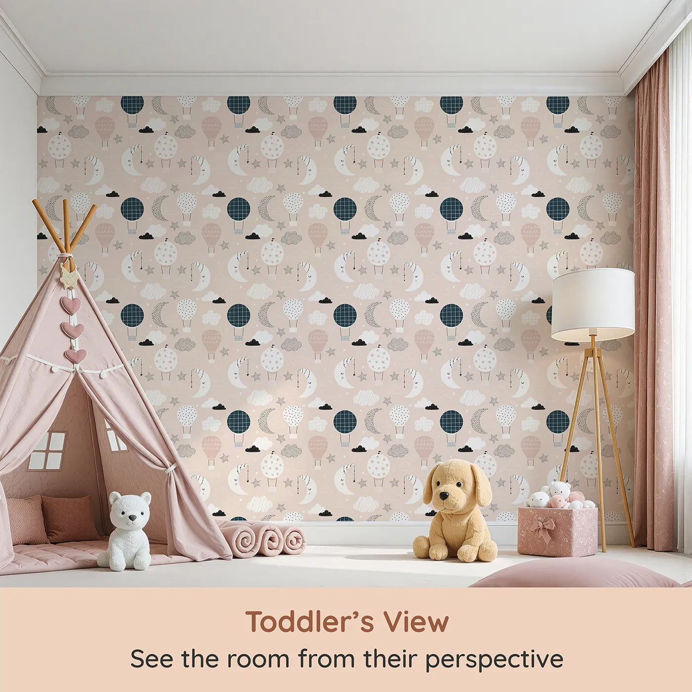 Whimsy Tots Boho Night Sky Wallpaper in Pink (W2145) from your child's view.Where sleepy moons and gentle balloons float in a pink sky.
