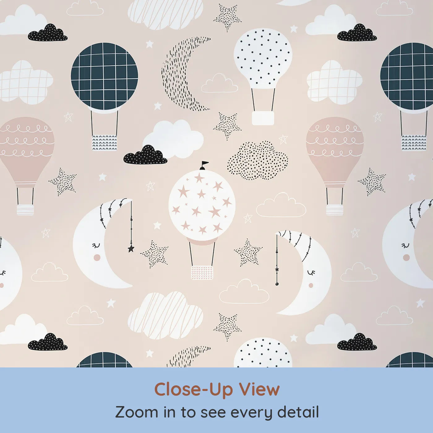 Close-up view of Whimsy Tots' Boho Night Sky Wallpaper in Pink (W2145).Where sleepy moons and gentle balloons float in a pink sky.