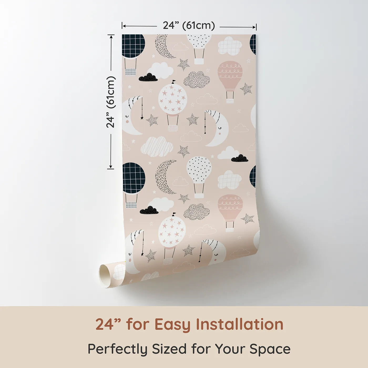 Dimension view of Whimsy Tots Boho Night Sky Wallpaper in Pink (W2145). Printed in 24-inch-wide panel for easy installation. Where sleepy moons and gentle balloons float in a pink sky.