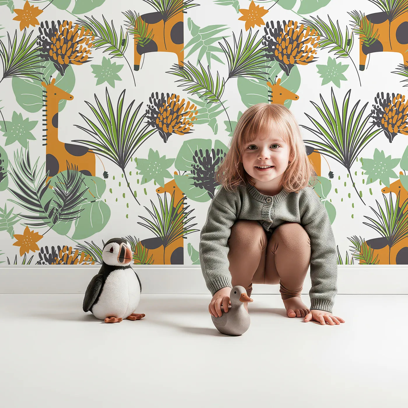 Lovely child standing in front of Whimsy Tots Modern Giraffe Jungle Wallpaper with giraffe, jungle, leaf, tropical, safari in design.