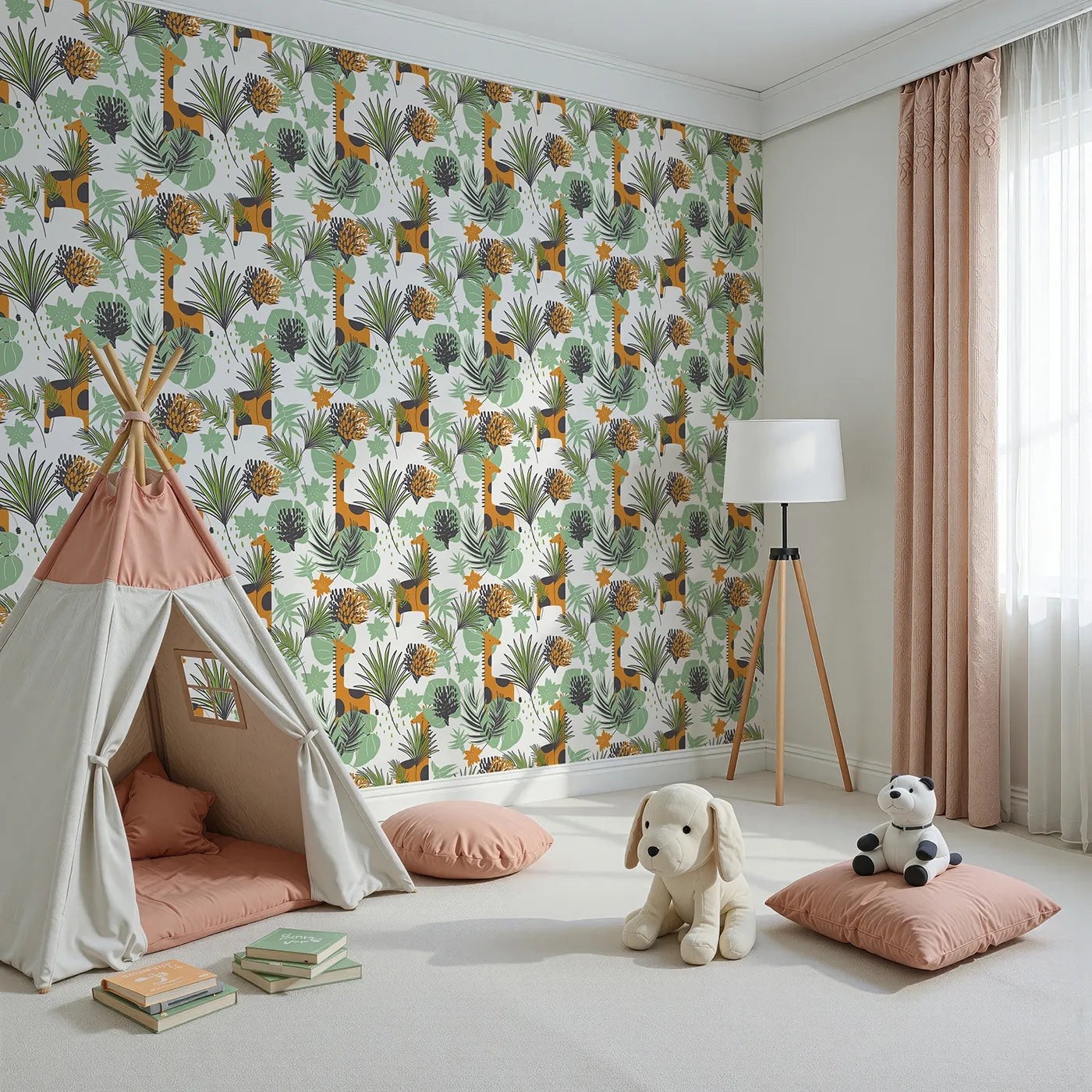 Angled view of Whimsy Tots' Modern Giraffe Jungle Wallpaper (W2146).Where cool giraffes wander through a jungle of graphic leaves.