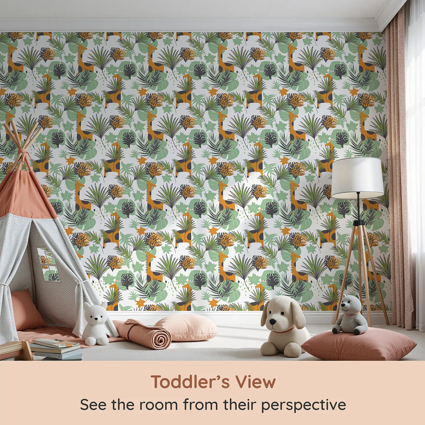 Whimsy Tots Modern Giraffe Jungle Wallpaper (W2146) from your child's view.Where cool giraffes wander through a jungle of graphic leaves.