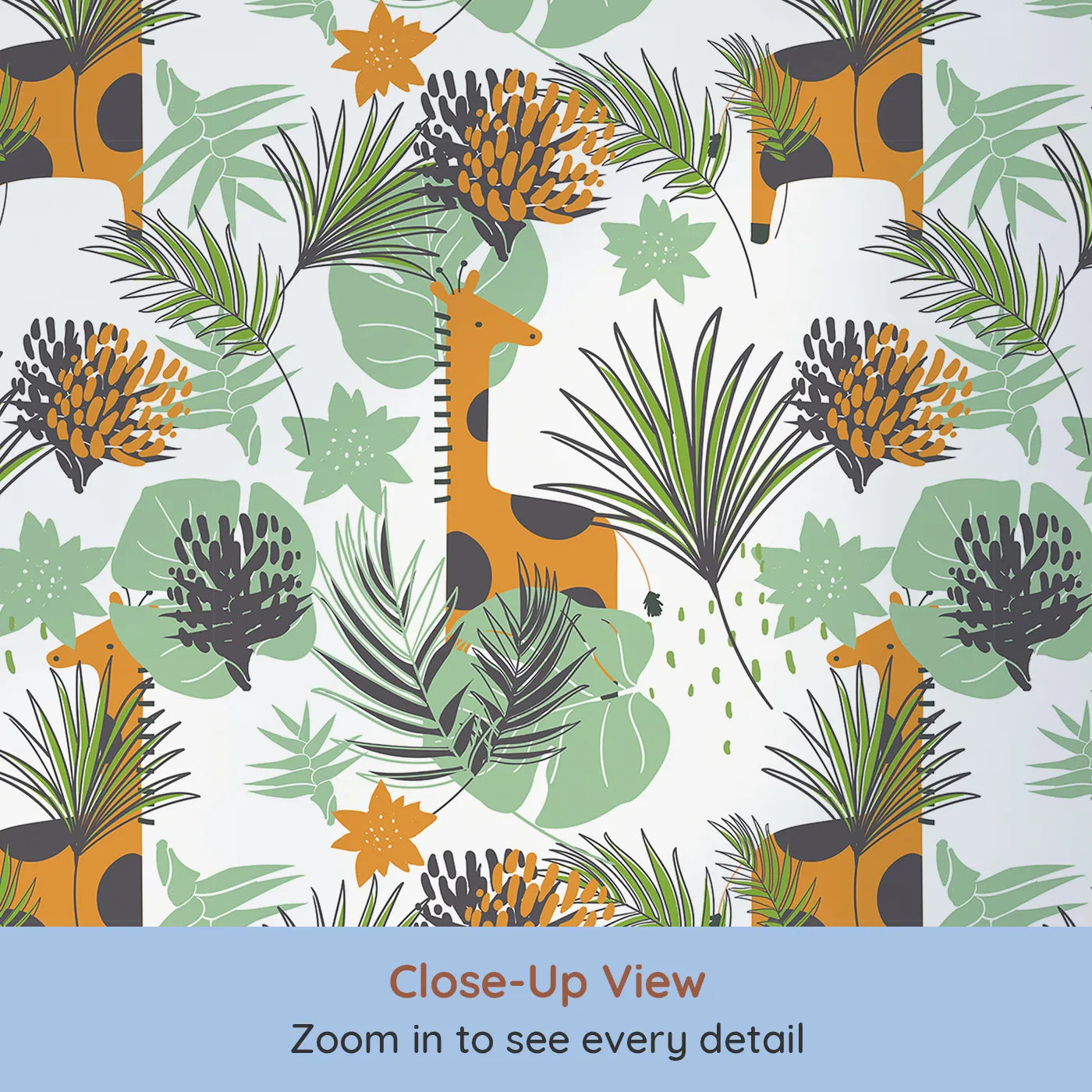 Close-up view of Whimsy Tots' Modern Giraffe Jungle Wallpaper (W2146).Where cool giraffes wander through a jungle of graphic leaves.