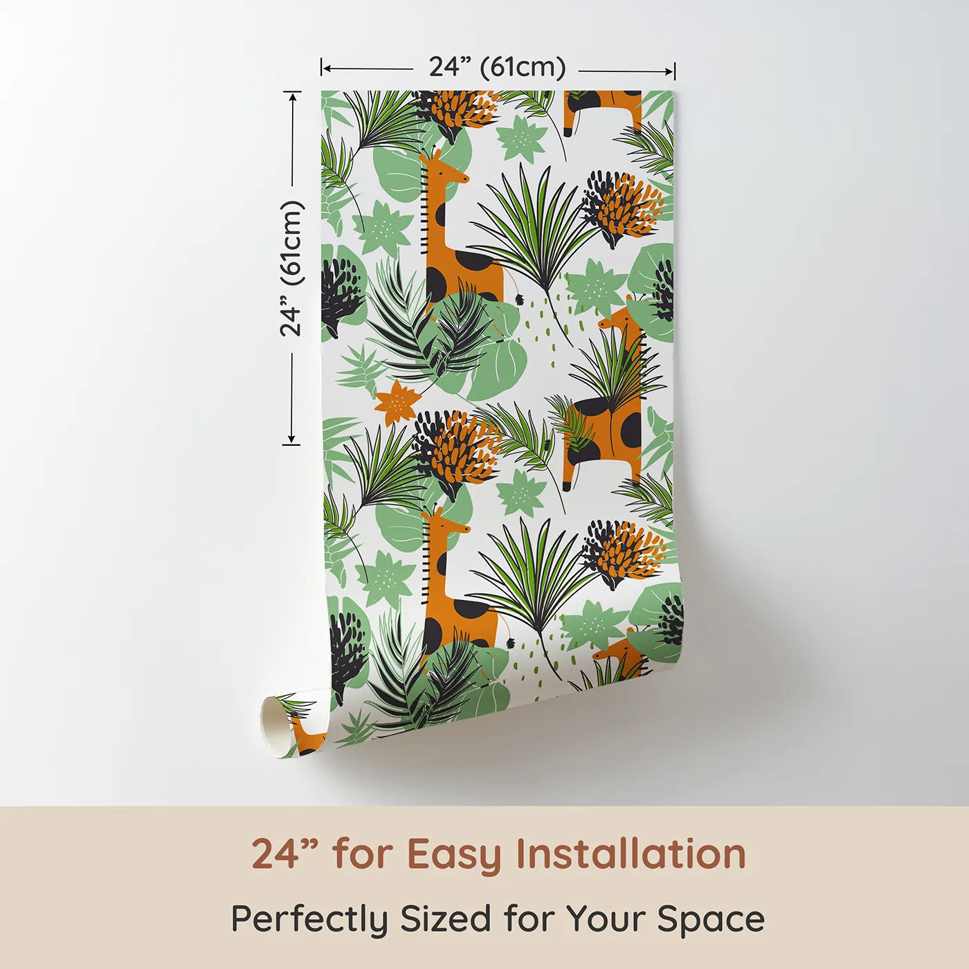 Dimension view of Whimsy Tots Modern Giraffe Jungle Wallpaper (W2146). Printed in 24-inch-wide panel for easy installation. Where cool giraffes wander through a jungle of graphic leaves.