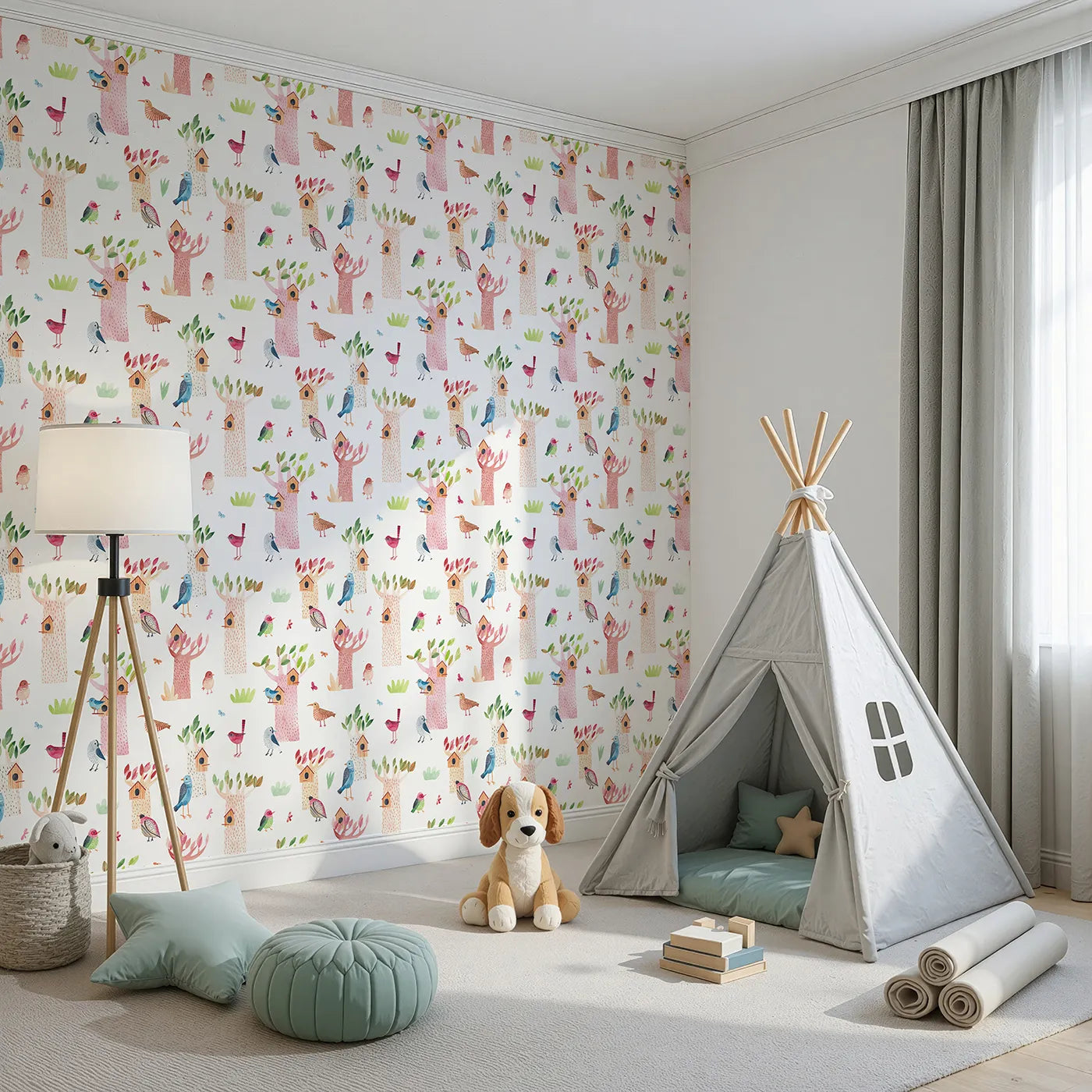 Angled view of Whimsy Tots' Watercolor Bird Sanctuary Wallpaper (W2147).Where colorful, hand-painted birds have found their happy homes.