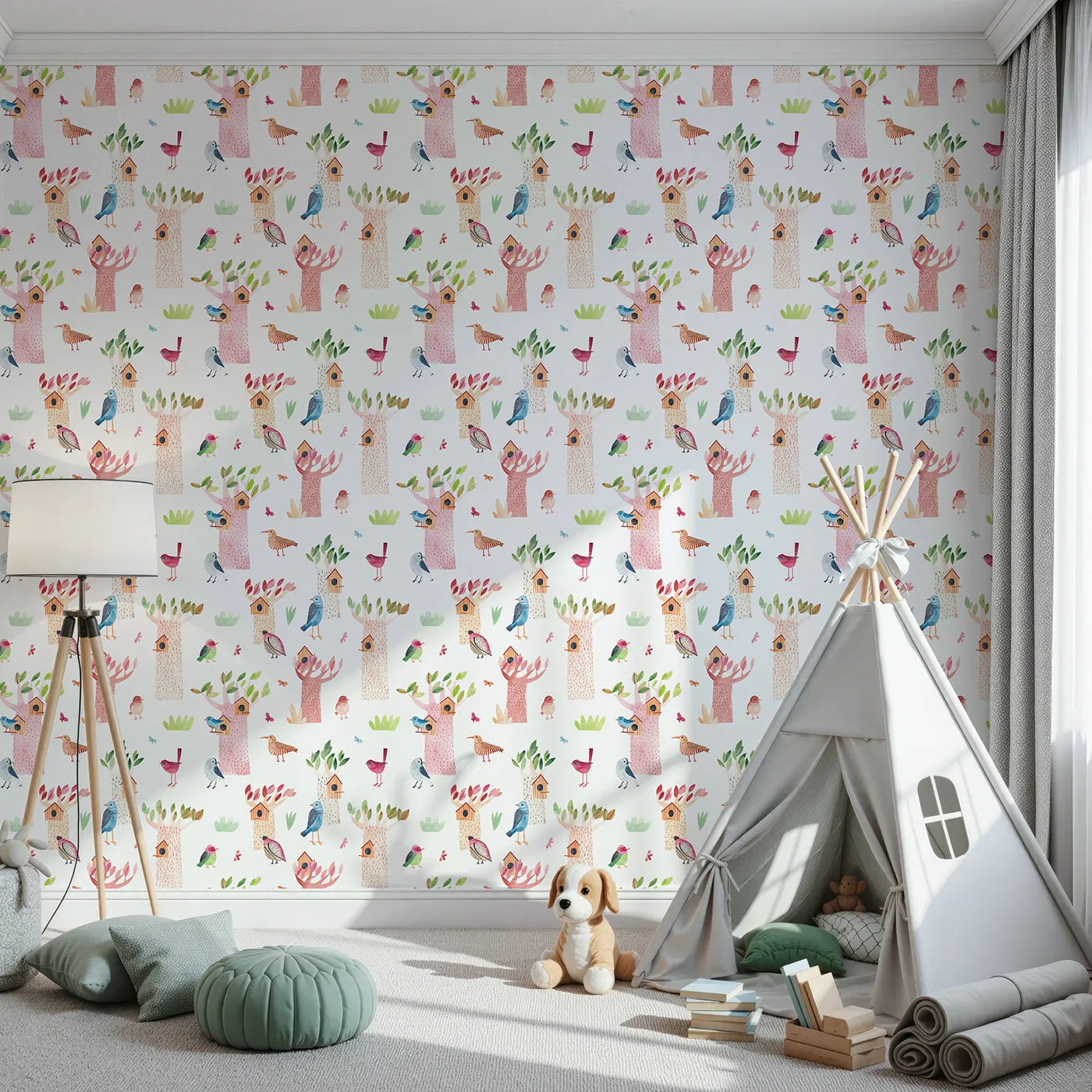 Front view of Whimsy Tots' Watercolor Bird Sanctuary Wallpaper