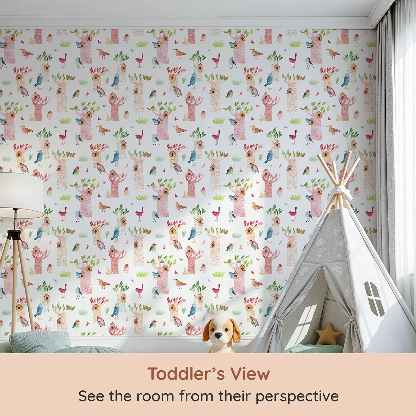 Whimsy Tots Watercolor Bird Sanctuary Wallpaper (W2147) from your child's view.Where colorful, hand-painted birds have found their happy homes.
