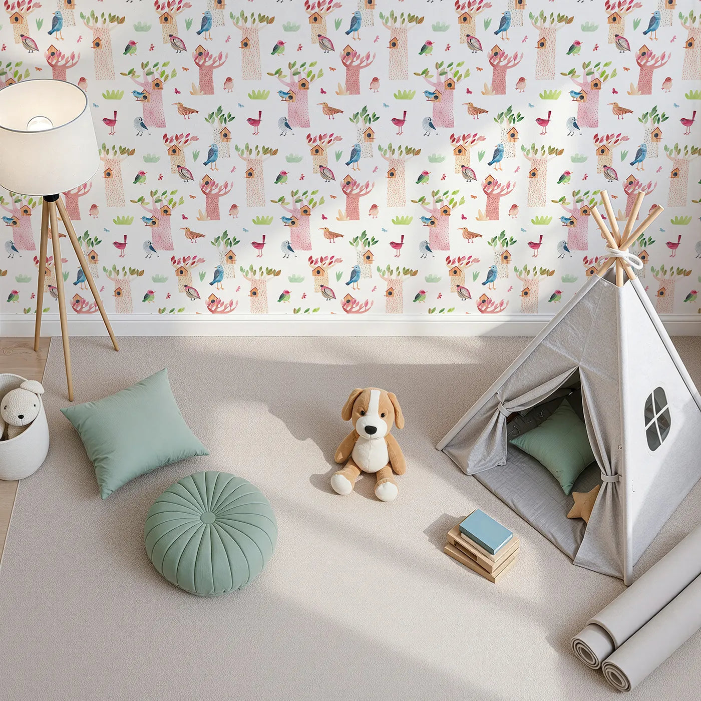 Top-Down view of Whimsy Tots' Watercolor Bird Sanctuary Wallpaper (W2147).Where colorful, hand-painted birds have found their happy homes.