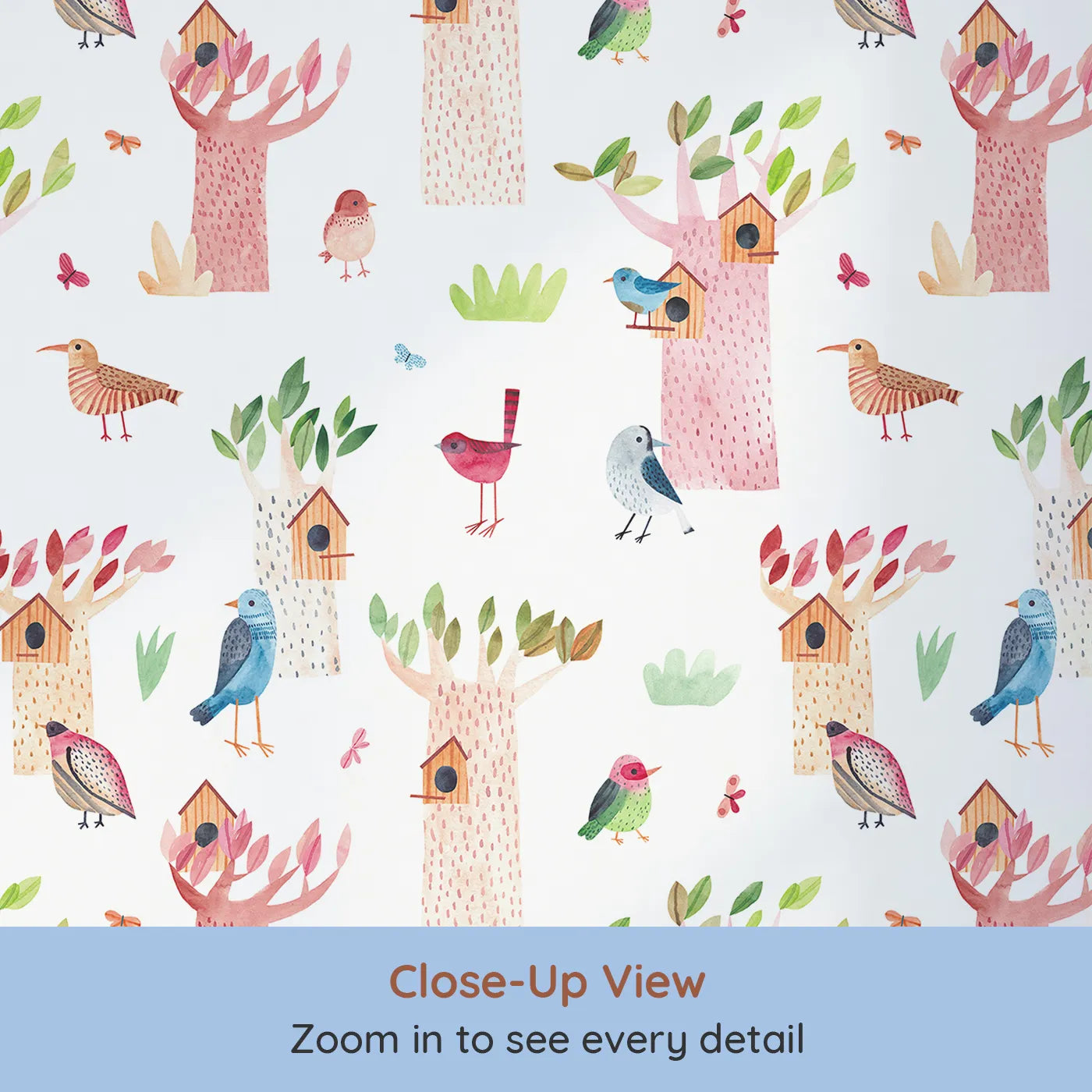 Close-up view of Whimsy Tots' Watercolor Bird Sanctuary Wallpaper (W2147).Where colorful, hand-painted birds have found their happy homes.