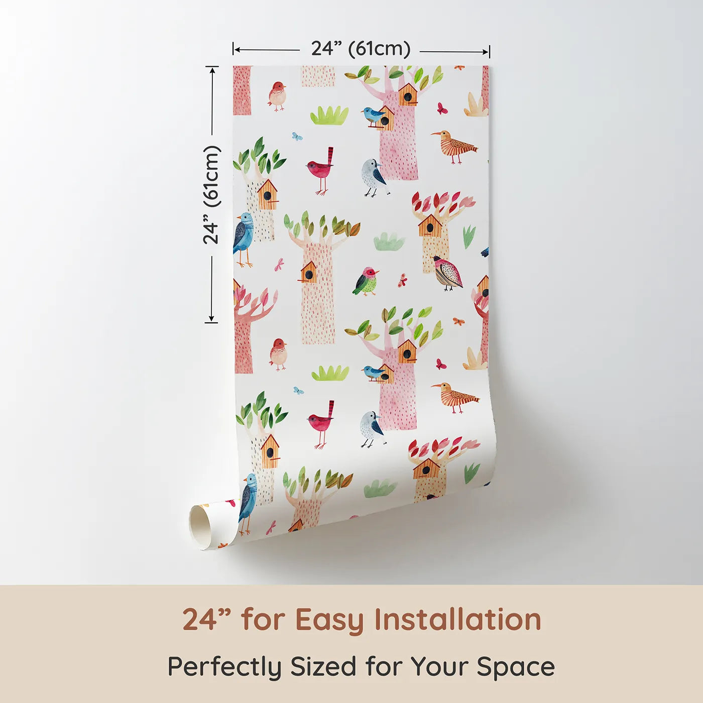 Dimension view of Whimsy Tots Watercolor Bird Sanctuary Wallpaper (W2147). Printed in 24-inch-wide panel for easy installation. Where colorful, hand-painted birds have found their happy homes.