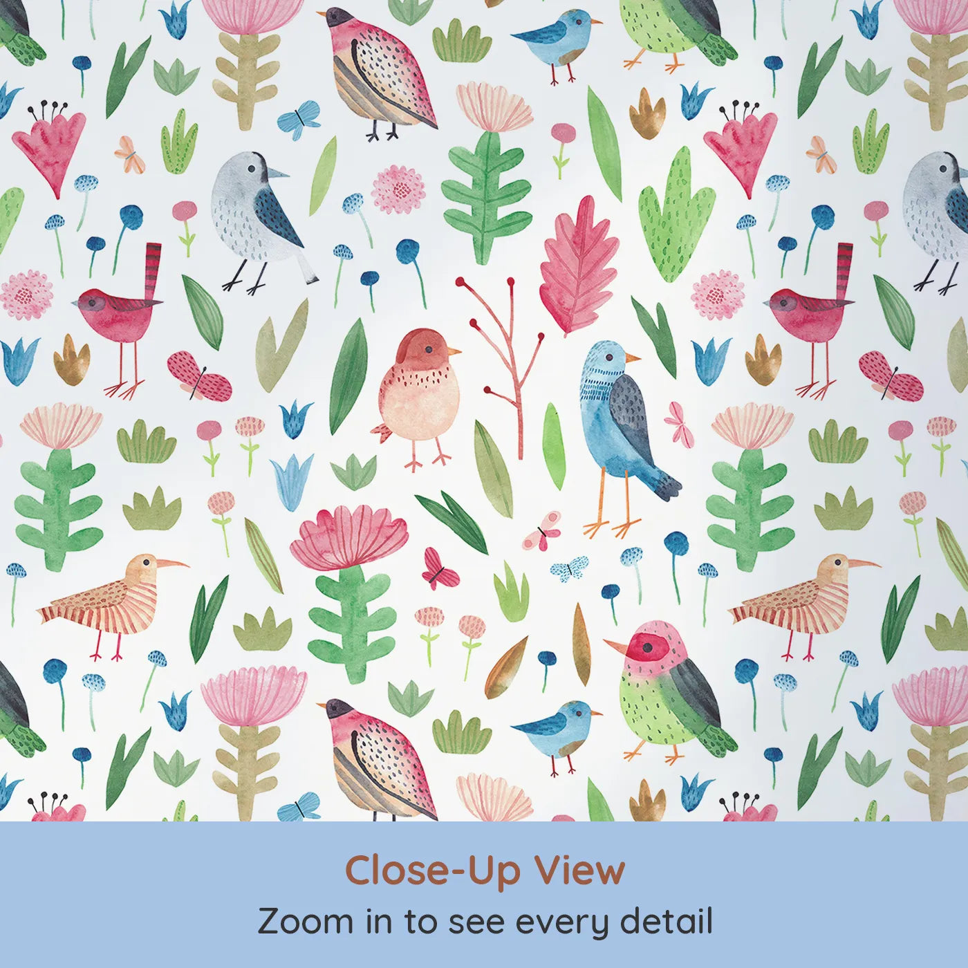 Close-up view of Whimsy Tots' Watercolor Bird and Bloom Wallpaper (W2148).Where cheerful birds and bold flowers create a symphony of color.