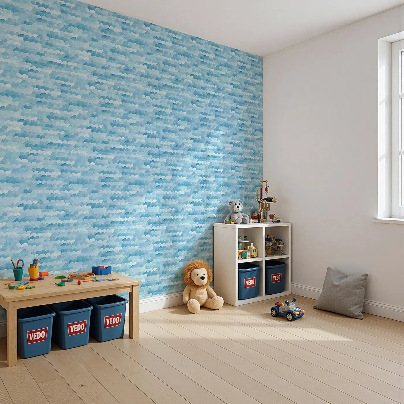 Angled view of Whimsy Tots' Abstract Blue Watercolor Waves Wallpaper (W2150).Where soft, painted waves create a sea of tranquility.