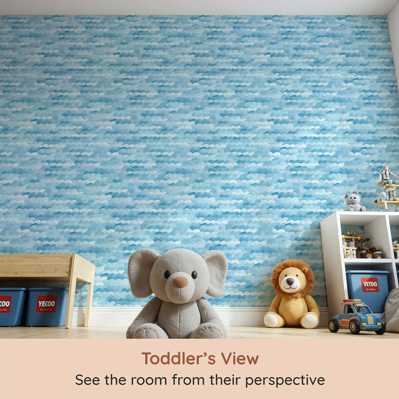Whimsy Tots Abstract Blue Watercolor Waves Wallpaper (W2150) from your child's view.Where soft, painted waves create a sea of tranquility.