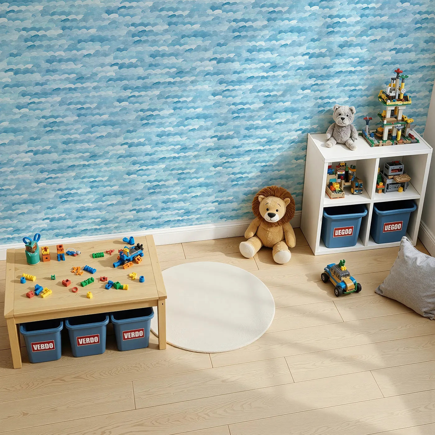 Top-Down view of Whimsy Tots' Abstract Blue Watercolor Waves Wallpaper (W2150).Where soft, painted waves create a sea of tranquility.