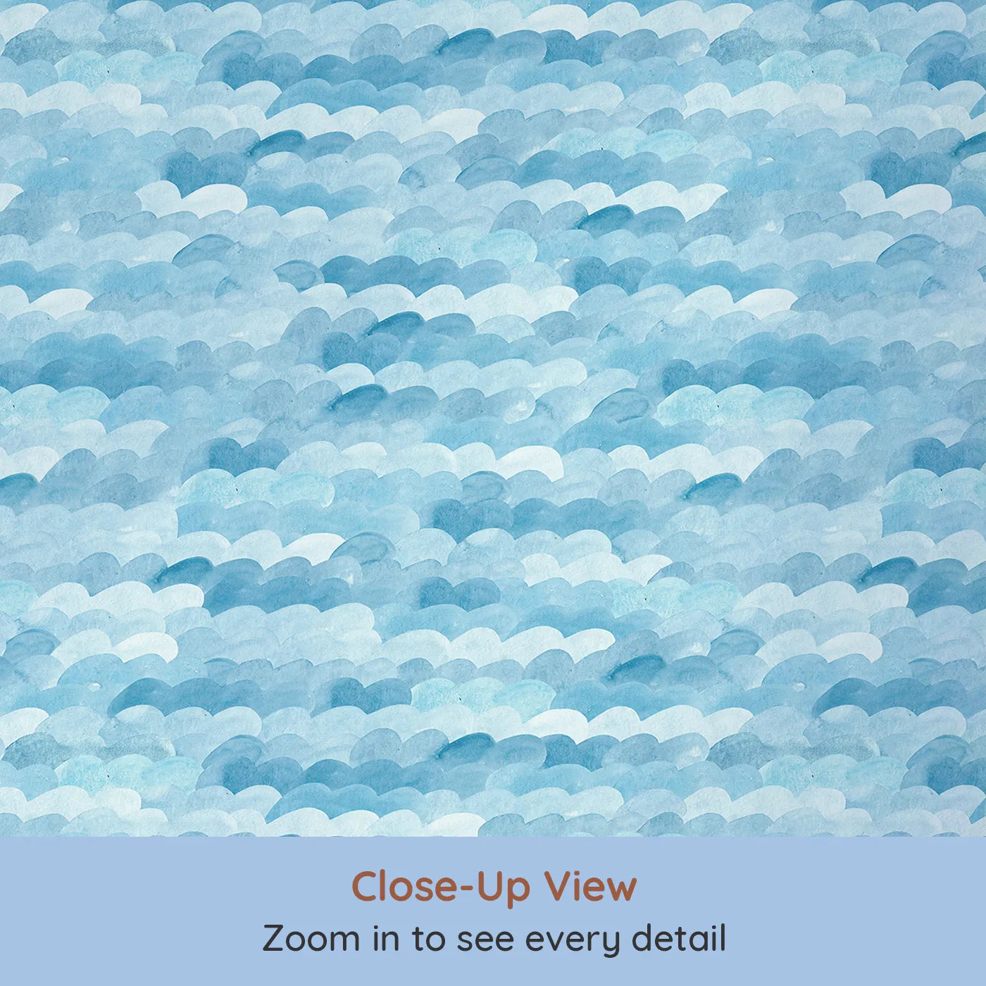 Close-up view of Whimsy Tots' Abstract Blue Watercolor Waves Wallpaper (W2150).Where soft, painted waves create a sea of tranquility.