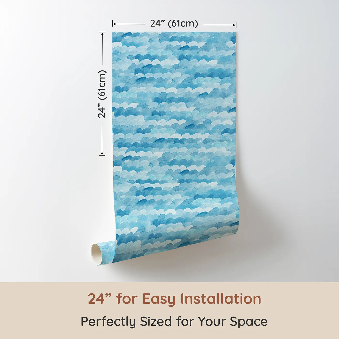 Dimension view of Whimsy Tots Abstract Blue Watercolor Waves Wallpaper (W2150). Printed in 24-inch-wide panel for easy installation. Where soft, painted waves create a sea of tranquility.