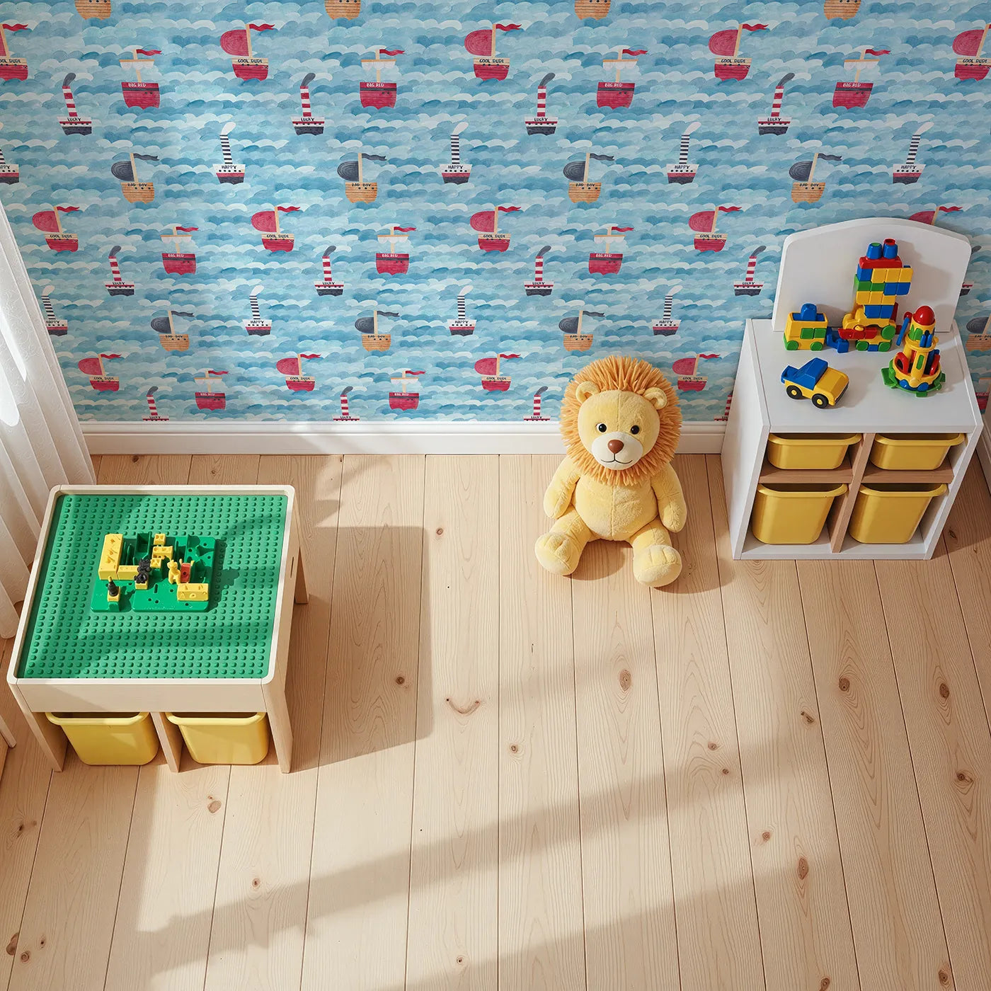 Top-Down view of Whimsy Tots' Watercolor Pirate Ships at Sea Wallpaper (W2151).Where a fleet of quirky ships sails on a painted sea.