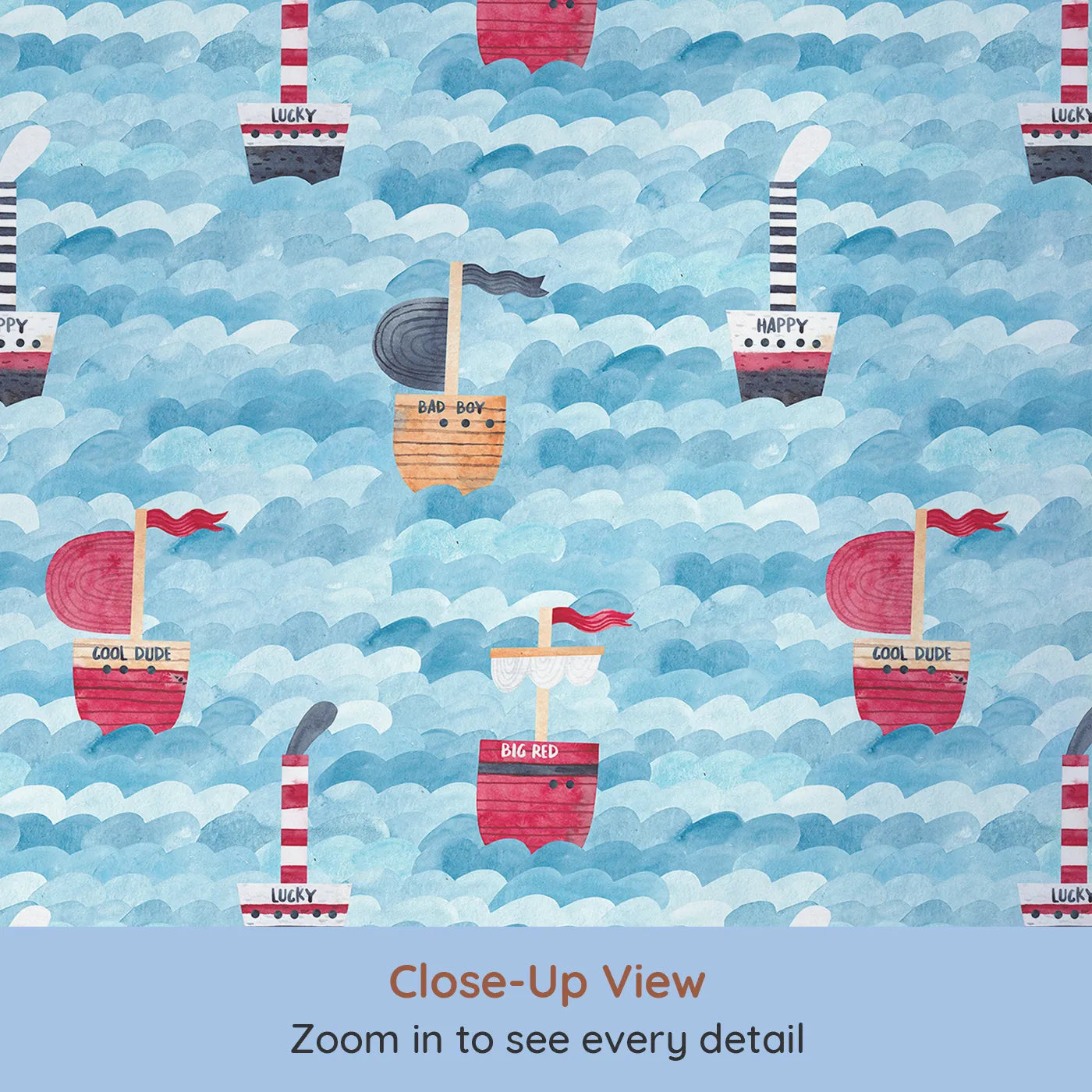 Close-up view of Whimsy Tots' Watercolor Pirate Ships at Sea Wallpaper (W2151).Where a fleet of quirky ships sails on a painted sea.